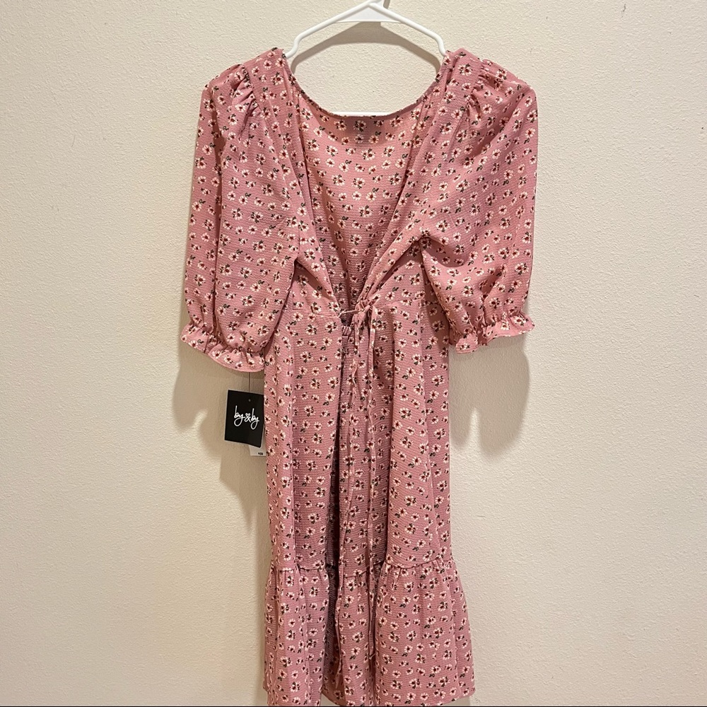 A LINE PINK FLOWER PRINT DRESS WITH RUFFLED SLEEVES